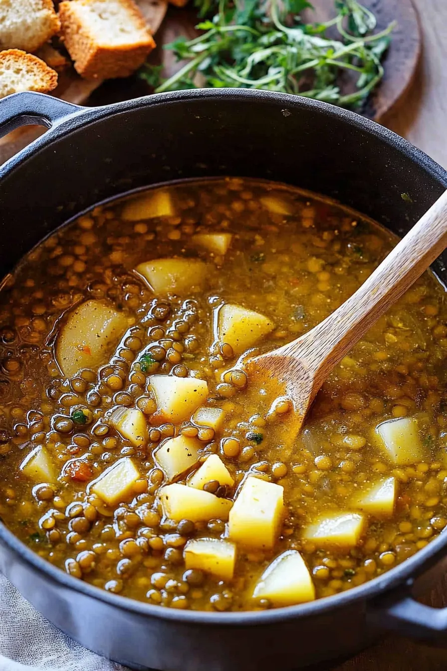 Amazing Lentil Potato Soup with Homemade Croutons