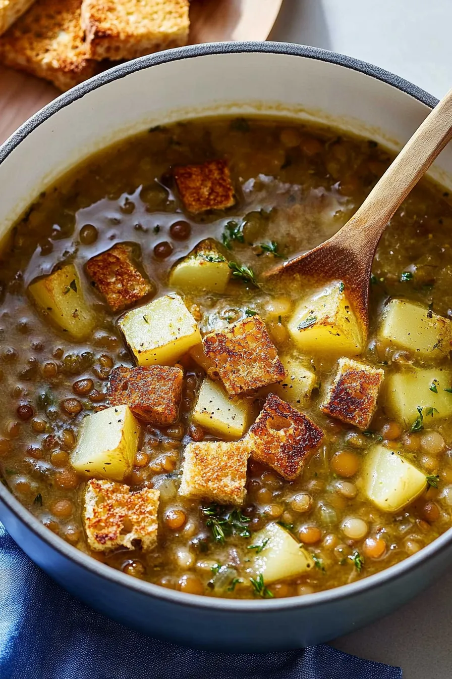 Easy Lentil Potato Soup With Homemade Croutons
