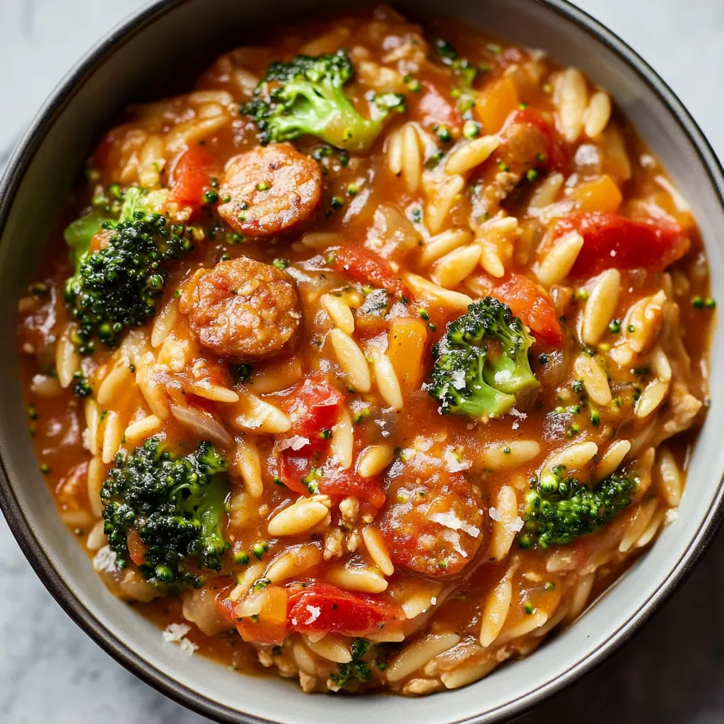 Tomato Orzo with Chicken Sausage and Broccoli