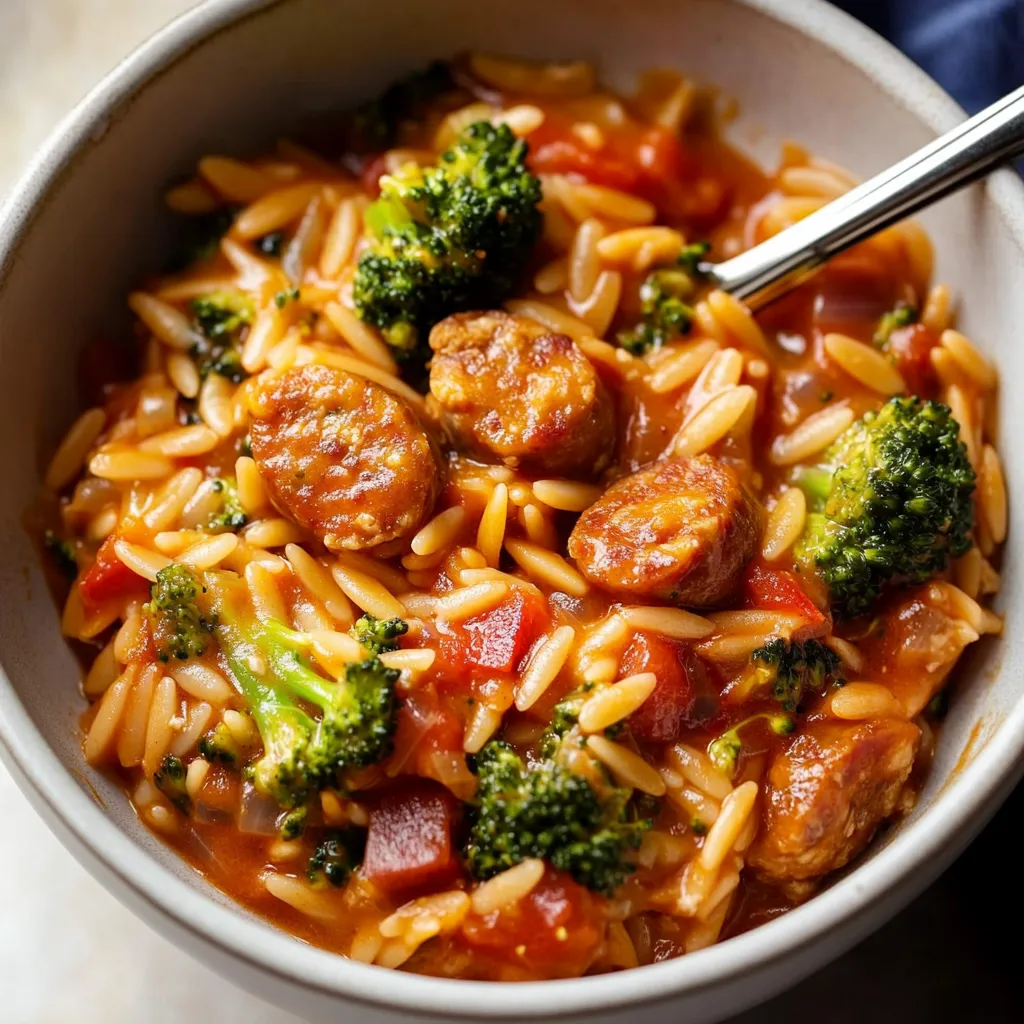 Tomato Orzo with Chicken Sausage and Broccoli Recipe