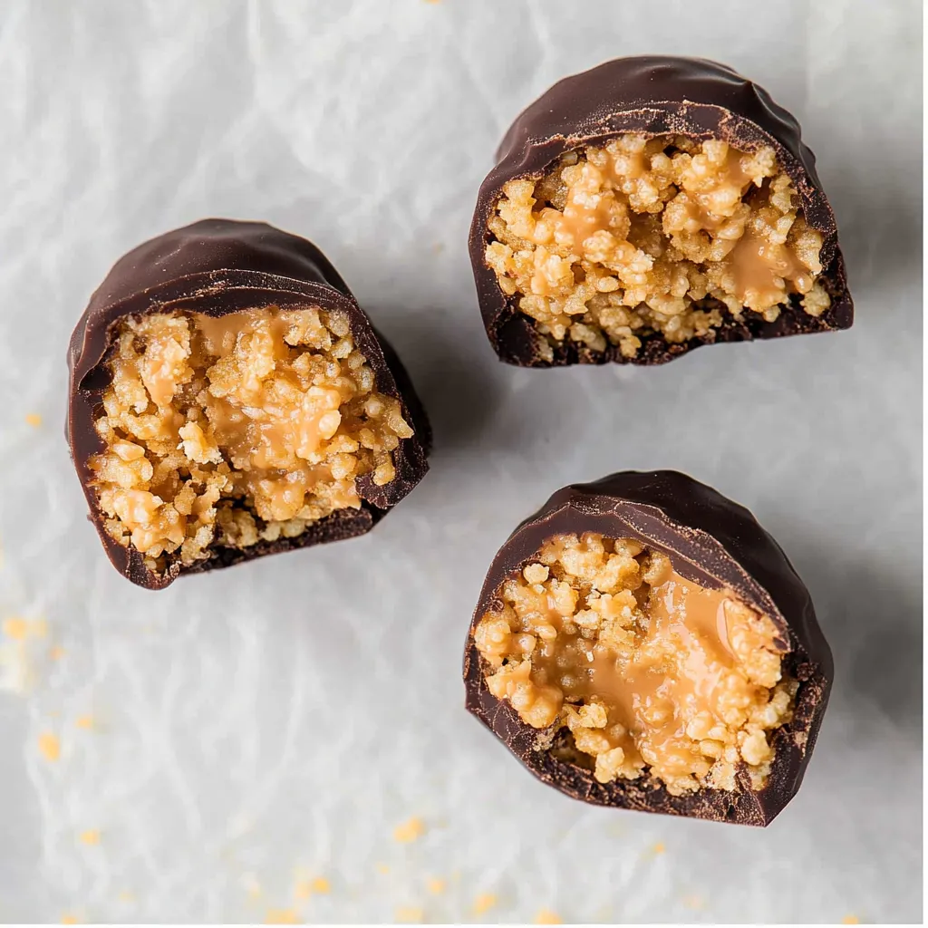 Crunchy peanut butter balls mixed with Rice Krispies and dipped in chocolate